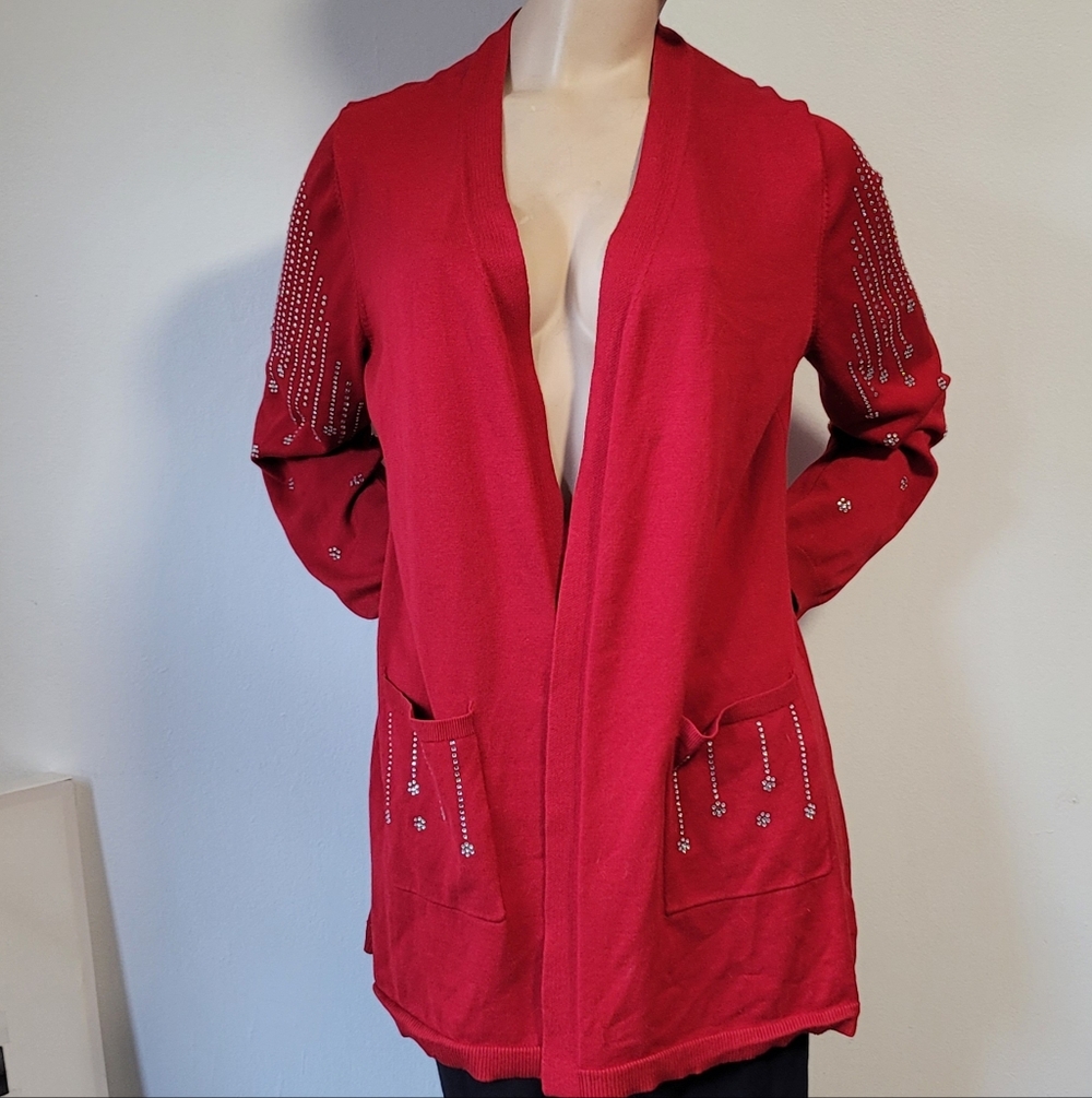 Chic Women's Red Blazer with Embellished Sleeves